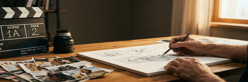Creatief directeur schetst storyboard op groot wit papier, omringd door filmklapper, cameralens en moodboard-uitknipsels op houten studiotafel.