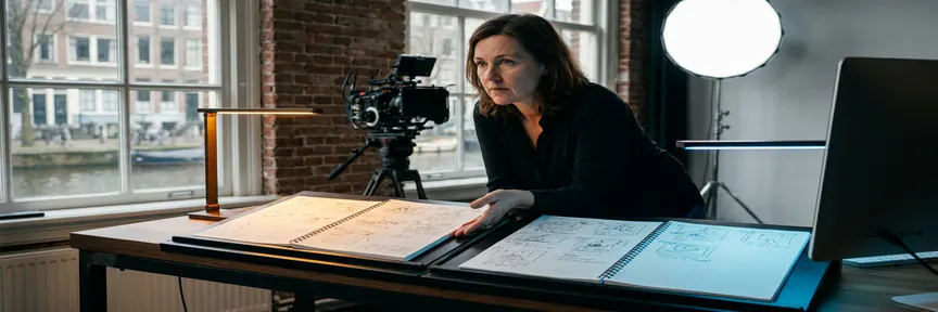 Videodirecteur vergelijkt twee storyboards op productiebureau in Amsterdams studio met bioscoopkamera en ringlicht op achtergrond.