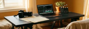 Contentstudio bureau met professionele camera, storyboards en laptop met videotijdlijn, clapperboard naast plant in warm amberlight.