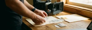 Videomonteur ordent gelabelde mediafolders en SD-kaarten op houten bureau, met cinema camera op achtergrond.