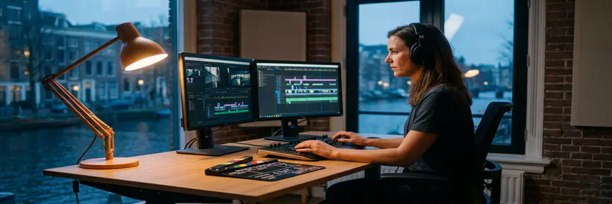Video-editor bewerkt hergebruikte footage op dual monitors in een moderne Amsterdamse studio, met klapper op het bureau.