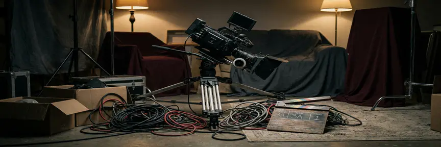 Professionele videocamera scheef op statief in rommelige studio met verstrengelde kabels op de vloer en een verlaten clapperboard.
