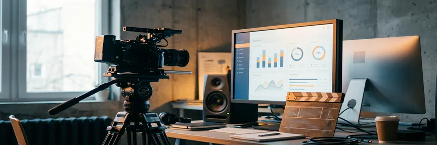 Professionele videocamera op statief gericht op een studiomonitor met campagne-analyticsdashboard in een modern creatief bureau.