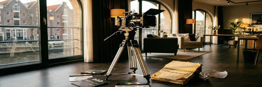 Professionele videocamera op studiodriepoot met filmslates en verouderde productieplanning, Amsterdam kantooromgeving op de achtergrond.