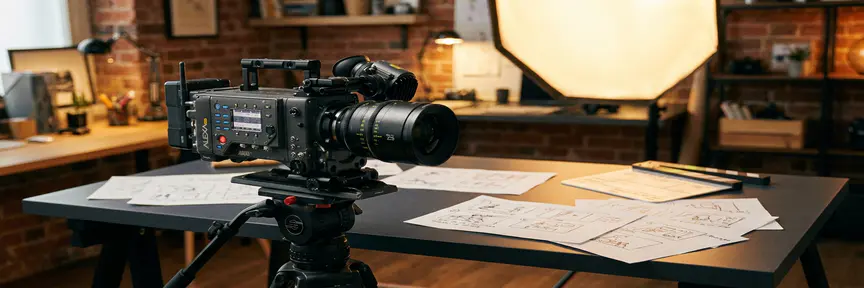 Professionele videocamera op studiodesk met storyboard-vellen, clapperboard en zachte softbox-verlichting op de achtergrond.