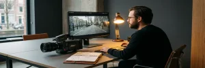 Videodirecteur bekijkt footage op bioscoopmonitor in Amsterdams studio met camera en storyboard, warm amberkleurig licht.