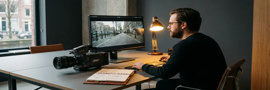 Videodirecteur bekijkt footage op bioscoopmonitor in Amsterdams studio met camera en storyboard, warm amberkleurig licht.