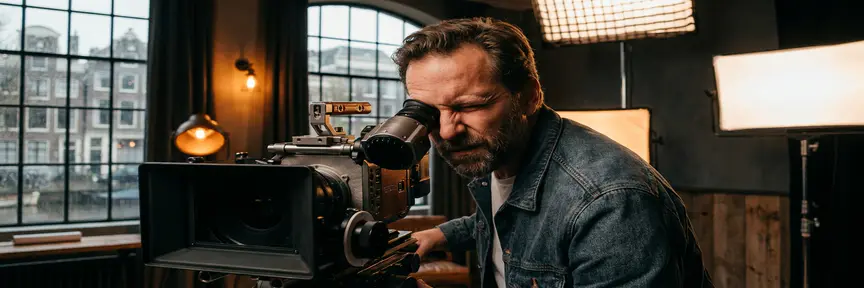 Videodirecteur kijkt door de zoeker van een cinecamera in een Amsterdams studio met warme amberverlichting en stedelijke achtergrond.