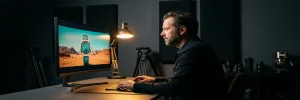 Videodirecteur bekijkt productcommercial op bioscoopmonitor in Amsterdams studio, verlicht door warm amber licht met teal accenten.