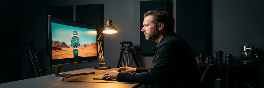 Videodirecteur bekijkt productcommercial op bioscoopmonitor in Amsterdams studio, verlicht door warm amber licht met teal accenten.