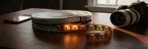 Opengebroken filmrolcassette op studiodesk met uitrollende filmstrip, omgeven door smartphone en professionele camera, dramatisch zijlicht.