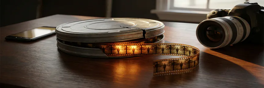 Opengebroken filmrolcassette op studiodesk met uitrollende filmstrip, omgeven door smartphone en professionele camera, dramatisch zijlicht.