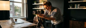 Contentmaker stelt professionele camera op statief af in Amsterdamse studio met softbox, laptop en storyboard-aantekeningen.