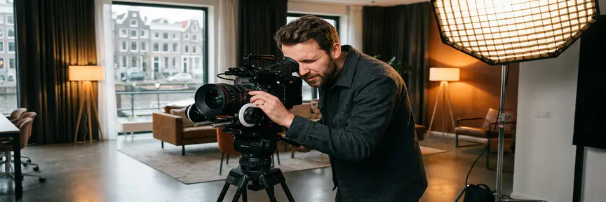 Videograaf stelt cinema camera op fluid head statief in modern Amsterdams kantoor met warme sfeerverlichting en softbox.