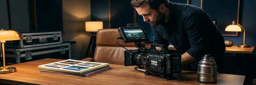 Videograaf bekijkt beeldmateriaal op cameramonitor aan studiobureaus, met storyboard en lens in warm amberkleurig licht.