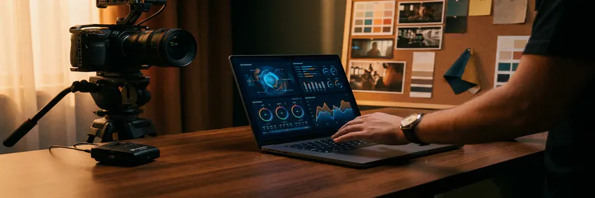 Hand van een videoproducent boven laptop met sociale media dashboards, omringd door camera en microfoon op donker bureau.
