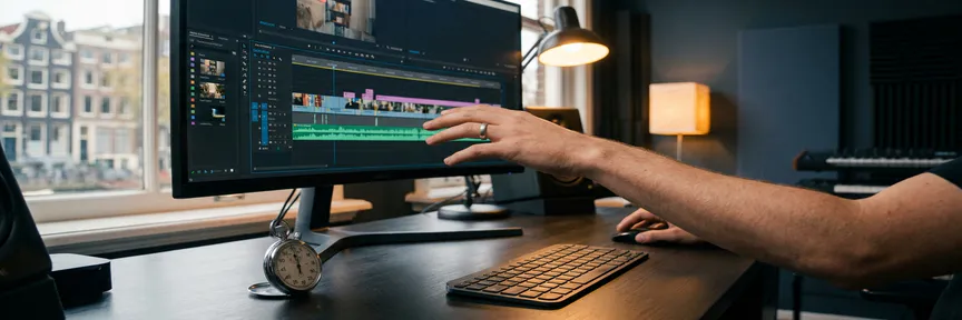 Videoeditor beweegt hand over tijdlijn op monitor, stopwatch en toetsenbord op bureau in modern Amsterdams studio.