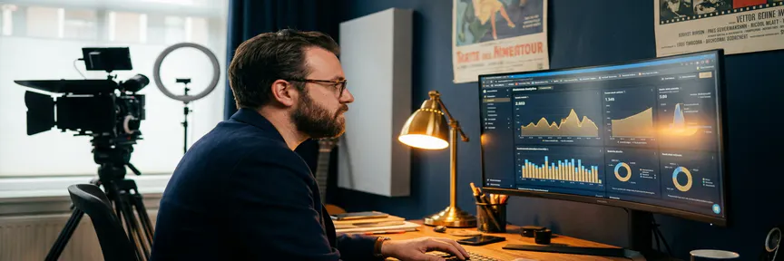 Videoproducent analyseert social media statistieken op monitor in Amsterdam studio met cinema camera en ringlicht op achtergrond.