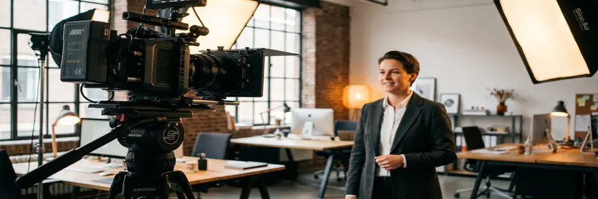 Professionele videocamera op statief gericht op een zelfverzekerde zakenman in een modern Amsterdams studio met warme sfeerverlichting.