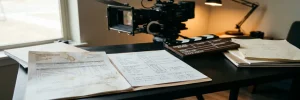 Videoproductie factuur en budgetoverzicht op donker bureau met cameraklapper en bioscoopca