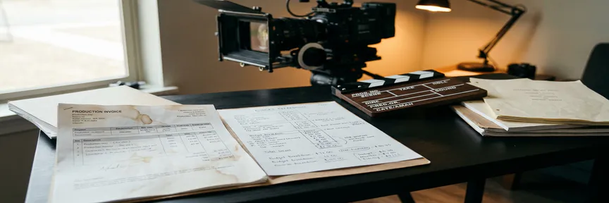 Videoproductie factuur en budgetoverzicht op donker bureau met cameraklapper en bioscoopca