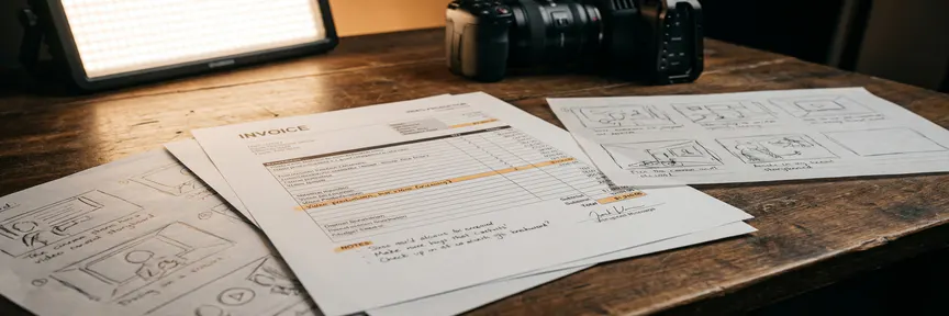 Videoproductie factuur en budgetoverzicht op studiobureaumet cinema camera en LED-paneel op de achtergrond, Amsterdam.