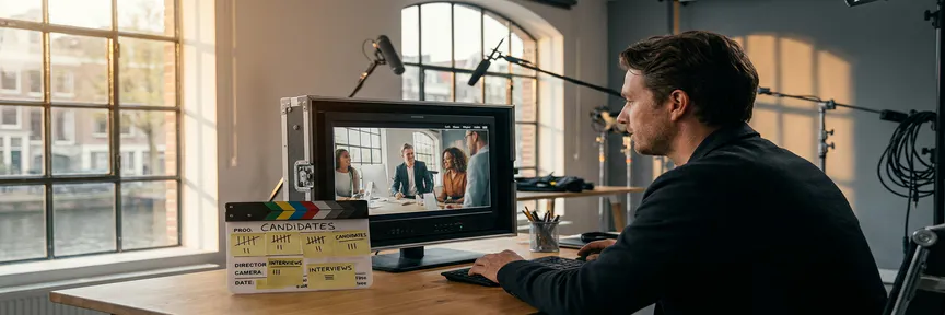 Cameraoperator bekijkt recruitmentvideo op professionele monitor in Amsterdams studio met warm goudkleurig raamlicht.