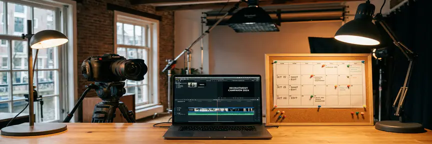 Professionele videostudio met camera, laptop met recruitmentvideo-tijdlijn en contentkalender op houten bureau, warm amberkleurig licht.