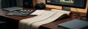 Videoproductie-tijdlijn op een bewerkingstafel met een clapperboard, kalender met mijlpalen en kleurgegradueerde monitor op de achtergrond.