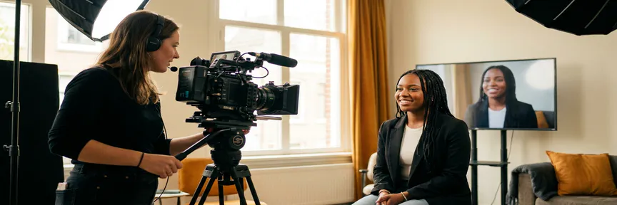 Cameraman filmt zelfverzekerde sollicitant tijdens video-interview in licht Amsterdam studio met warme belichting.