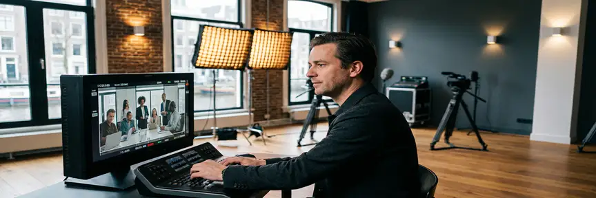 Videodirecteur bekijkt employer branding footage op bioscoopmonitor in modern Amsterdams productiestudio met LED-verlichting op achtergrond.