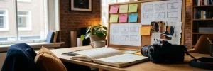 Contentstrateeg werkplek met moodboard vol sticky notes en storyboards, camera en notitieboek op bureau, Amsterdams studio in warm licht.