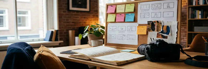 Contentstrateeg werkplek met moodboard vol sticky notes en storyboards, camera en notitieboek op bureau, Amsterdams studio in warm licht.