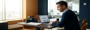 Recruitmentmanager analyseert sollicitantenvideo's op laptop met grafieken, professionele camera en aantekeningen op modern bureau.