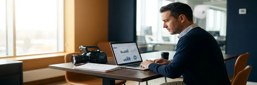 Recruitmentmanager analyseert sollicitantenvideo's op laptop met grafieken, professionele camera en aantekeningen op modern bureau.