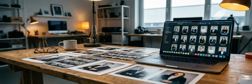 Contactvellen en zakelijke portretfoto's op een studiobureaus, met een laptop op de achtergrond waarop digitale bestanden zichtbaar zijn.